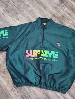 VTG 1980s Surf Style Windbreaker Mens One Size  Pullover 1/4 Zip Metallic Green
